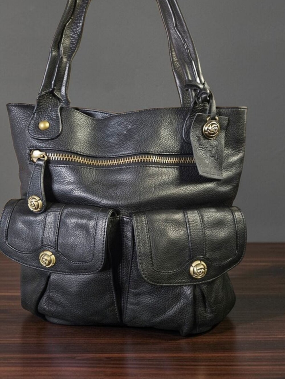 Rough Roses Multi Pocket Slouchy Leather Handbag- Black